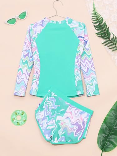 Kids Girls 2Pcs Rash Guard Long Sleeve Zipper Wave Striped Printed Swim Top with Shorts Bathing Suit4