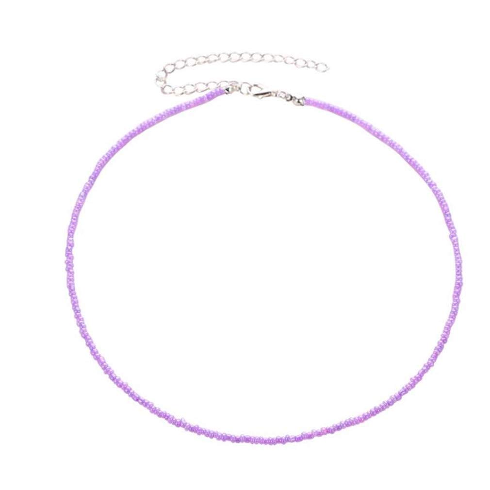 Kshcf Bohemian Necklace Stone Beaded Short Choker Hawaii Beach Adjustable Clavicle Chain,Purple