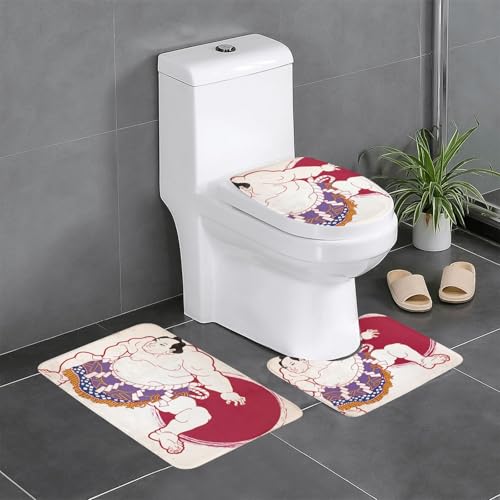 相撲 大相撲 浮世絵 和風 (1) トイレマット 3点セット フタカバー 浴室足ふきマット 吸水 速乾 滑り止め 抗菌 防臭 洗える ふわふわ プレゼント 40x60cm