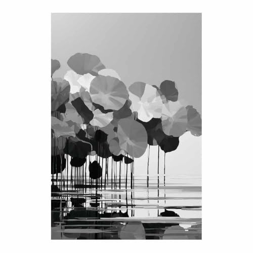 Tableau noir et blanc étang à lotuses XENIOU toile monochrome 80x120cm sans cadre