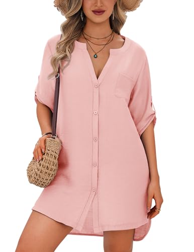 Image of Ekouaer Bathing Suit Cover Up for Women V Neck Button Down Swimsuit Coverup Beach Dress Shirt S-3XL