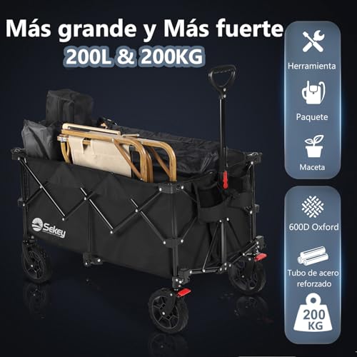 Miniatura 2 de Sekey Xxl Plus Carro Plegable Con Rueda Frenos 200l 200kg, Carrito Transporte Para Playa Camping Jardín, Patentado Plegable En Cuatro Direcciones Se4010, Negro Profundo