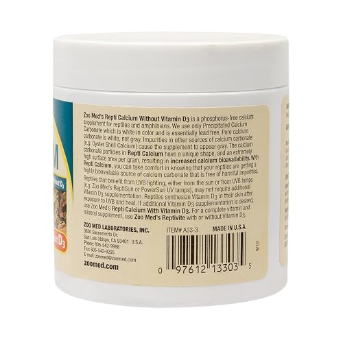 Zoo Med A33-3E Repti Calcium ohne D3, 85 g, Nahrungsergänzungsmittel für Reptilien und Amphibien - phosphorfrei!
