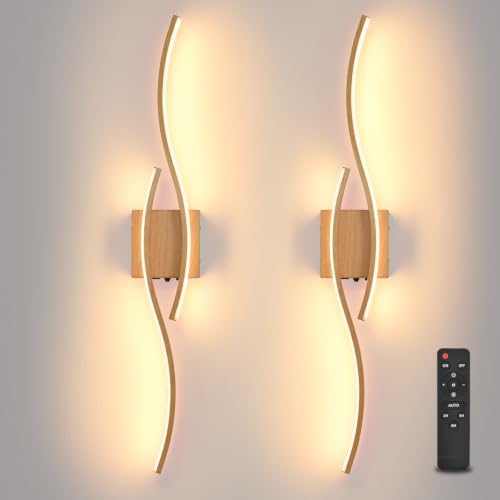Image of Battery Powered Wall Sconces Set of 2, Wood 31.4 inch LED Dimmable Wall Sconce with Remote Control /Timer /Memory, USB Rechargeable Wall Lights for Living Room, Bedroom, Hallway Wireless scones Lighting