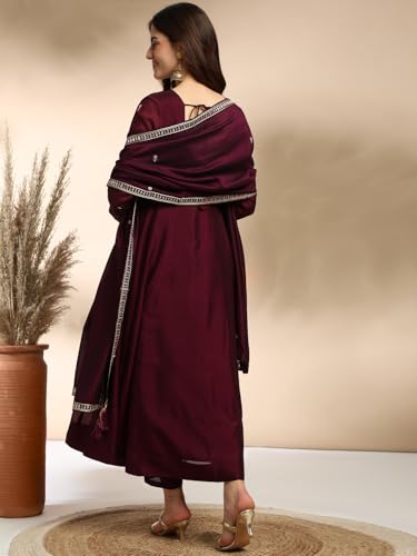 Image of MOKOSH Women's Silk Embroidery Anakrali Kurta Pant with Dupatta | Anarkali Kurta Set | Round Neck Full Sleeve Ethnic Suit | Floral Kurta 7 Colour Option Available | 3 Piece Outfit