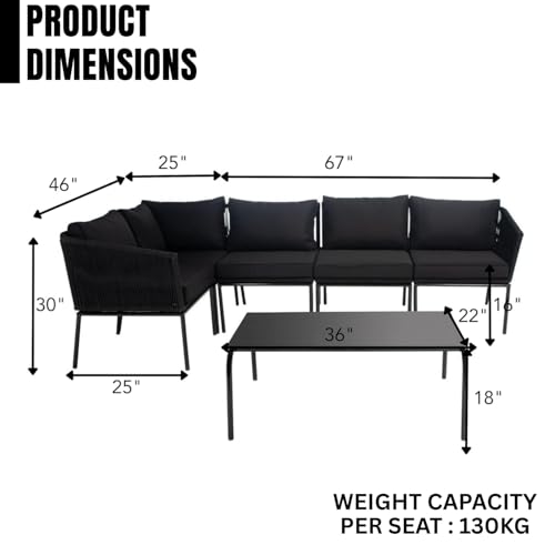 Image of DEVOKO Outdoor 3 Piece Rope Patio L-Shape Sofa All Weather Washable Cushion with Center Table for Garden, Pool, Deck, Balcony, Backyard (Black & Black)