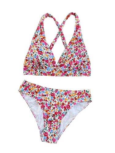 MakeMeChic Women's Two Piece Bikini Set Floral Halter Criss Cross Tie Back Swimsuits