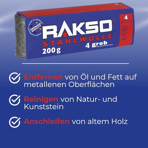 RAKSO Stahlwolle grob 4-200g, 1 Banderole, entfernt Öl, Fett auf Metall, reinigt Natur, Kunststein, anschleifen von altem Holz