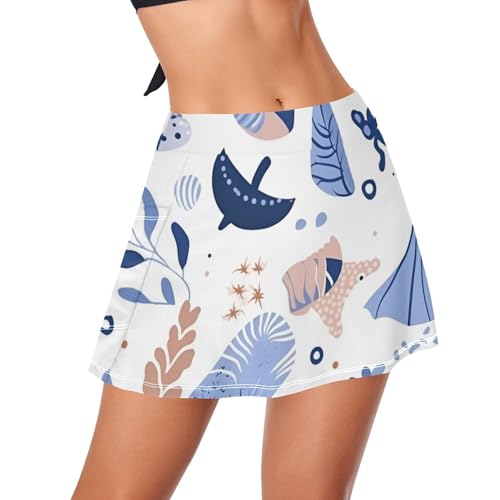 XianHeZi White Ocean Pattern Women's Swim Skirt High Waist with Side Pocket Shape-Retaining Bathing Suit for Women