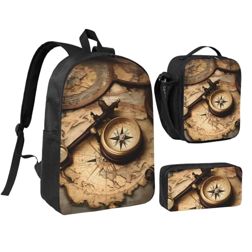 Sac à dos boussole et carte du monde avec lunch bag et trousse scolaire unisexe
