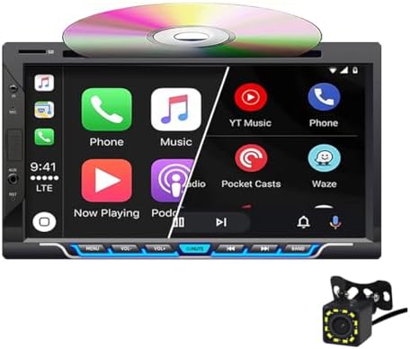 Double Din Car Stereo with CD/DVD Player, Wireless CarPlay & Android Auto 7 inch Touch Screen Car Radio Support Bluetooth AM/FM Mirror Link USB/TF/AUX Input+Backup Camera