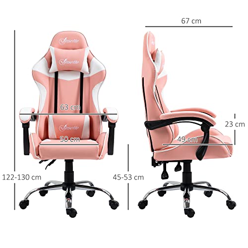 Vinsetto Silla Gaming Silla Gamer Racing Giratoria con Altura Ajustable Reclinable de 135° Reposacabezas y Cojín Lumbar para Oficina Estudio 63x67x122-130 cm Rosa - imagen 3