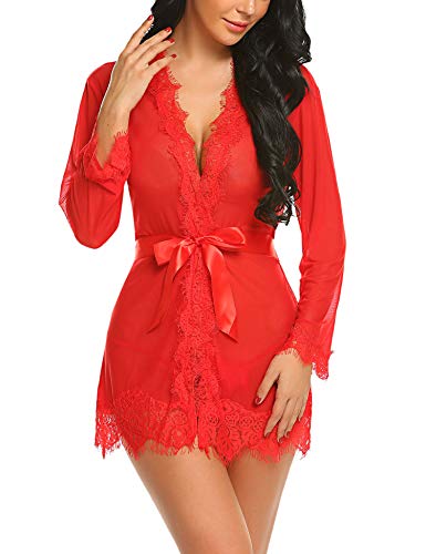 Avidlove Kimono Robe Long Bridesmaid Wedding Bath Robe with Lace Trim (XXL(Fits Like US XL), Red)