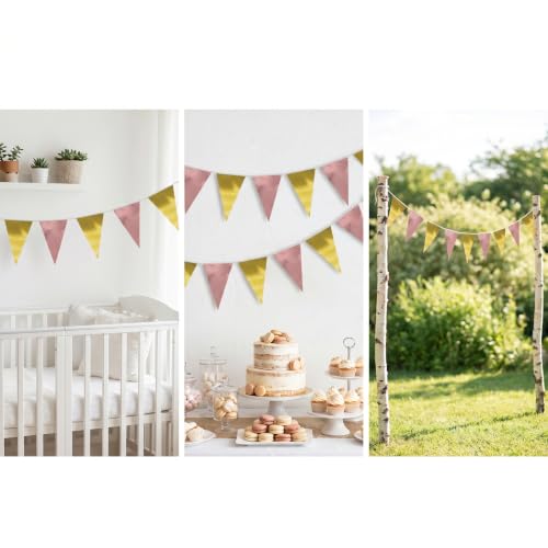 Image of 130FT Matte Rosegold LightGold Triangle Pennant Banner Flag Metallic Fabric Bunting Garland for Christmas Graduation Wedding Anniversary Bachelorette Birthday Bridal Shower Valentines Party Supplies