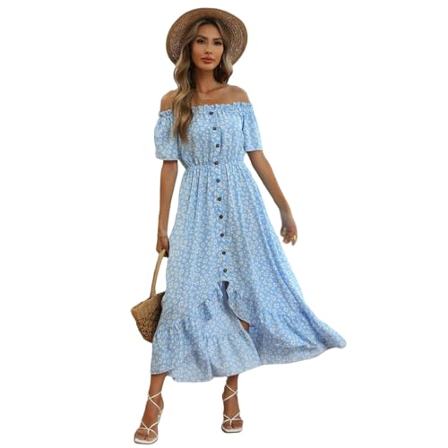 Dresses Maxi Dress for Women Off Shoulder Ditsy Floral Print Short Sleeve Frill a Shape Pleated Casual Dress, YYEFNMAZ, Sky Blue, XL Dresses Maxi Dress for Women Off Shoulder Ditsy Floral Print Short Sleeve Frill a Shape Pleated Casual Dress, YYEFNMAZ, Sky Blue, XL