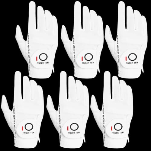 FINGER TEN Golf Gloves Men 6 Pack Rain Hot Wet Use (White, XXL, Right)