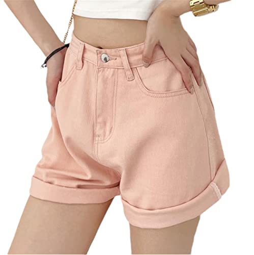 Short en denim rose taille haute pour femme coupe genou et large
