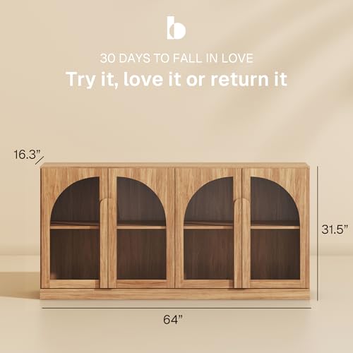 Image of BELLEZE Set of 2 Bijou 64 inch Modern Buffet Sideboard, Mid-Century Arched Glass Door Cabinet, Wood Grain Console for Living Room, Kitchen, Entryway - Camel