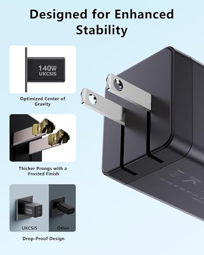 Image of 140W USB C Laptop Charger Block, Foldable GaN Fast Charger, Type C Charging Block, Fast Charging Adapter for MacBook Pro /Air, iPad, iPhone, Samsung Galaxy (Grey)