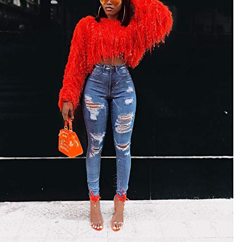 Womens Fashion Pullover Sweaters - Long Sleeve Fall Winter Clothes Warm Faux Fur Fringe Oversized Crop Tops Outwear (Red, Small) #TOP4