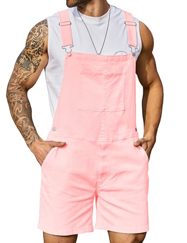 Bindefon Denim Overalls for Men Jean Shorts Jumpsuit Work Bibs Coveralls with Zipper(Pink 2XL)