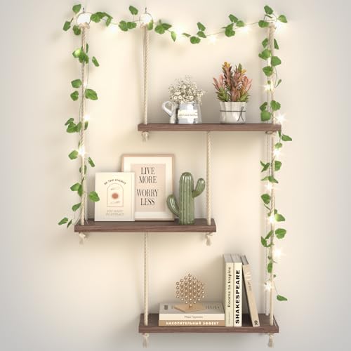 Rustic Boho Hanging Shelves with Vine Lights – Wall Decor Accent