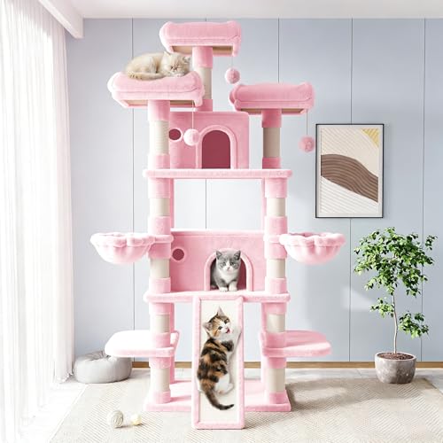 Image of Allewie 82 Inches Large Cat Tree /House /XXL Tall Cat Towers for Big Feline /Scratching Post /Multi-Level Large Kitty Climbing Tree with Condo /Pink