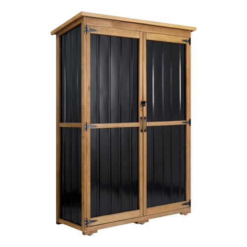 Image of Outdoor Storage Cabinet Waterproof with Shelves, Outdoor Storage Shed Garage Cabinet Weatherproof, Wood & Metal Outside Patio Backyard Garden Pool Storage Tool Organizer