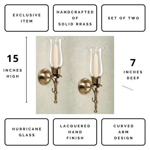 Manor Wall Sconce Pair - Antique Brass - Hurricane Style Glass - Elegant Candle Holder For Bedroom, Living Room, Kitchen #TOP1