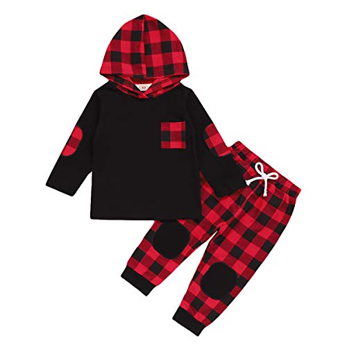 Toddler Baby Boy Girl Clothes Long Sleeve Hoodie Sweatshirt Plaid Pants Tracksuit Sweatsuit Fall Winter Outfit Set (red and Black Plaid,5-6X)
