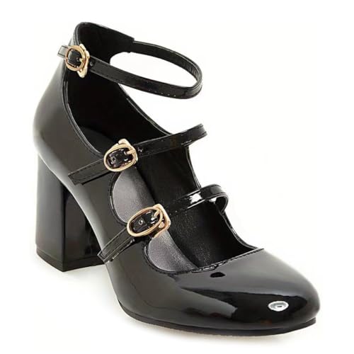 Women's Chunky High Heels Mary Jane Pumps Round Toe Buckle Strappy Patent Leather Elegant Dress Shoes