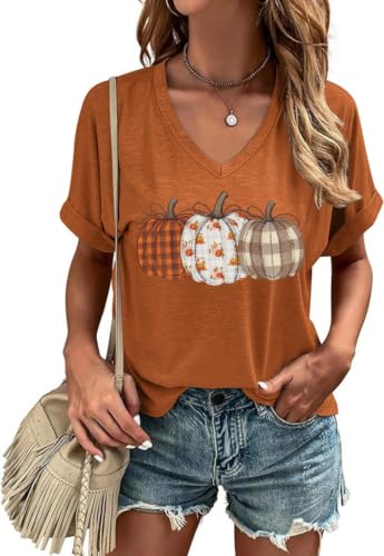 Butovek Womens Vintage Checkered Pumpkin Print V Neck Shirt,Brown14,L
