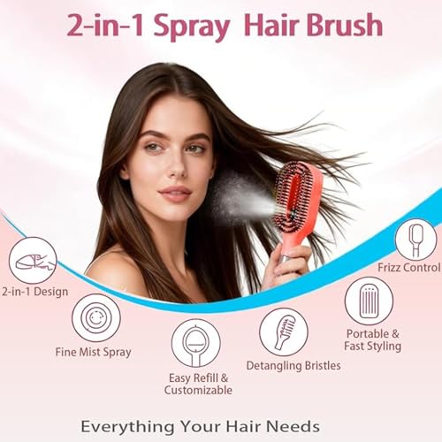 Image of 2-in-1 Spray Comb for Hair, Water Spray Detangling Brush with Built-In Mist Bottle, Anti-Frizz Wet Hair Brush for Men, Women & Kids Ideal for Long, Thick & Curly Hair (Orange)