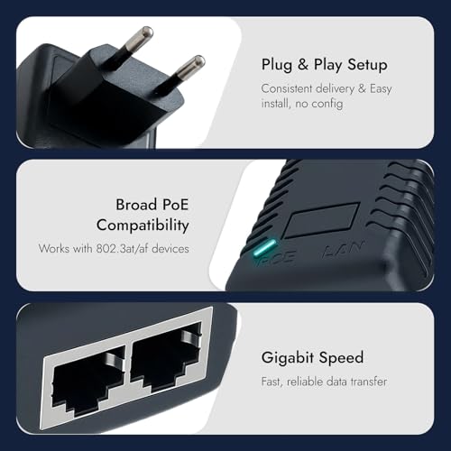 Gigabit 48V 30watt PoE Injector Adapter, 30W, für Geräte mit 802.3af Standard, Gigabit Ethernet 1000Mbps, kompatibel mit PoE-fähigen Geräten, RJ45