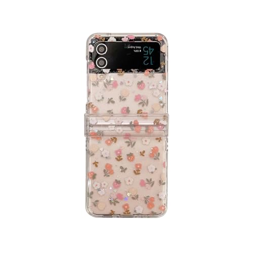 GO-VOLMON for Samsung Galaxy Z Flip 4 Cute Woman Case Kawaii Flower Print, Clear Bling Case for Galaxy Z Flip 4 with Hinge protector, Glitter Powder Lovely Floral Design Girly Case for Z Flip 4