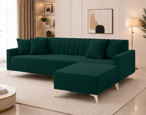 Image of AMATA Falcon 4 Seater L Shape Suede Velvet Fabric Greencolour Sofa Set with Two Cushions Perfect for Home Office Guests Living Room (Falcon Green, Falcon 4 Seater l Shape)(3 Year Warranty)