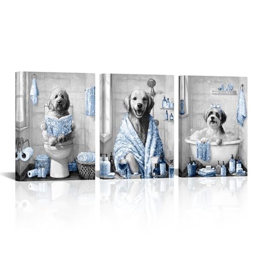 Image of sechars Funny Dogs Bathroom Wall Art Grey and Blue Bath Decor Cute Animal Painting Canvas Print (Blue)