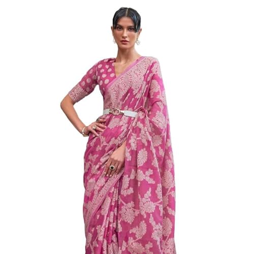Image of MADHUHANSH Women's Cotton Linen Saree with Unstitched Blouse Piece and Floral Printed Pattern | Women Saree for Special Occasion | Stylish Modern Sarees