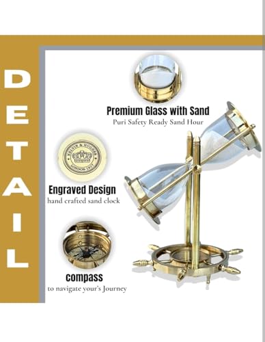 Image of Antique Handmade Brass Sand Timer Gold Brass Finish Nautical Sand Timer with Wheel Compass Base for Gifted Home & Office Desk Decor (Time 4-5 min) Height 8 Inch
