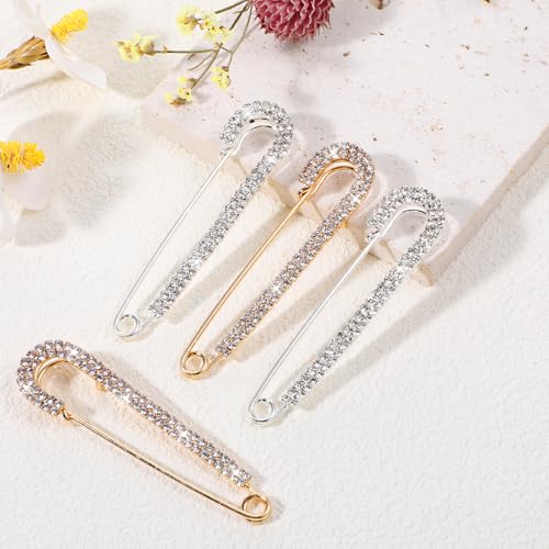 Image of Yolev 4 Pcs Rhinestone Safety Pins for Women: Decorative Brooch Pins, Sweater Shawl Clips, Shiny Silver & Gold, Modern Style
