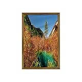 Ambesonne Nature Framed Wall Art, Idyllic Fall Landscape with a Creek Among the Forest in National Park Valley Art, Fabric Poster with Walnut Tone Wood Frame Home Dorm Decor, 23' x 35', Green Amber