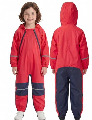 JiAmy Traje impermeable para niños y niñas, traje de lluvia de cuerpo completo con cremallera de doble cara y tiras reflectantes para niños de 1 a 12 años, rosso, 5-6 años