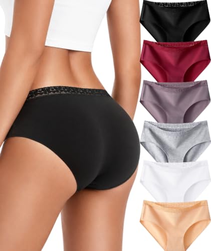 READY TO LOVE Cotton Underwear for Women 6Pack Sexy Bikini Panties Clothing | Lace Waistband,Full Coverage,Essentials Womens Lingerie Fashion Clothing,for Fitness Workout Vacation Travel Women Outfits