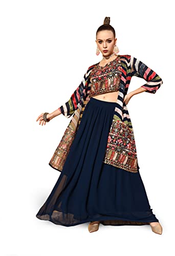 Image of LYMI LABEL Lehenga Choli For Women - Georgette Mirror work Banjara Floral Embroidered Thread Woek Choli, Plain Lehenga With Shrug Fully Stitched