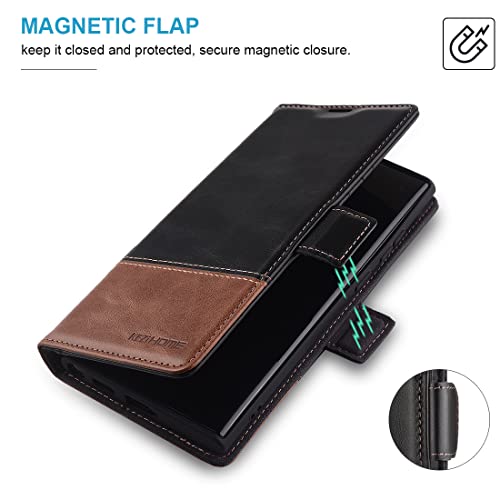Kezihome Galaxy S22 Ultra Case, Genuine Leather [Rfid Blocking] Wallet Case Card Slot Flip Magnetic Stand Phone Cover Compatible With Samsung Galaxy S22 Ultra (2022) (Black/Brown) #TOP5