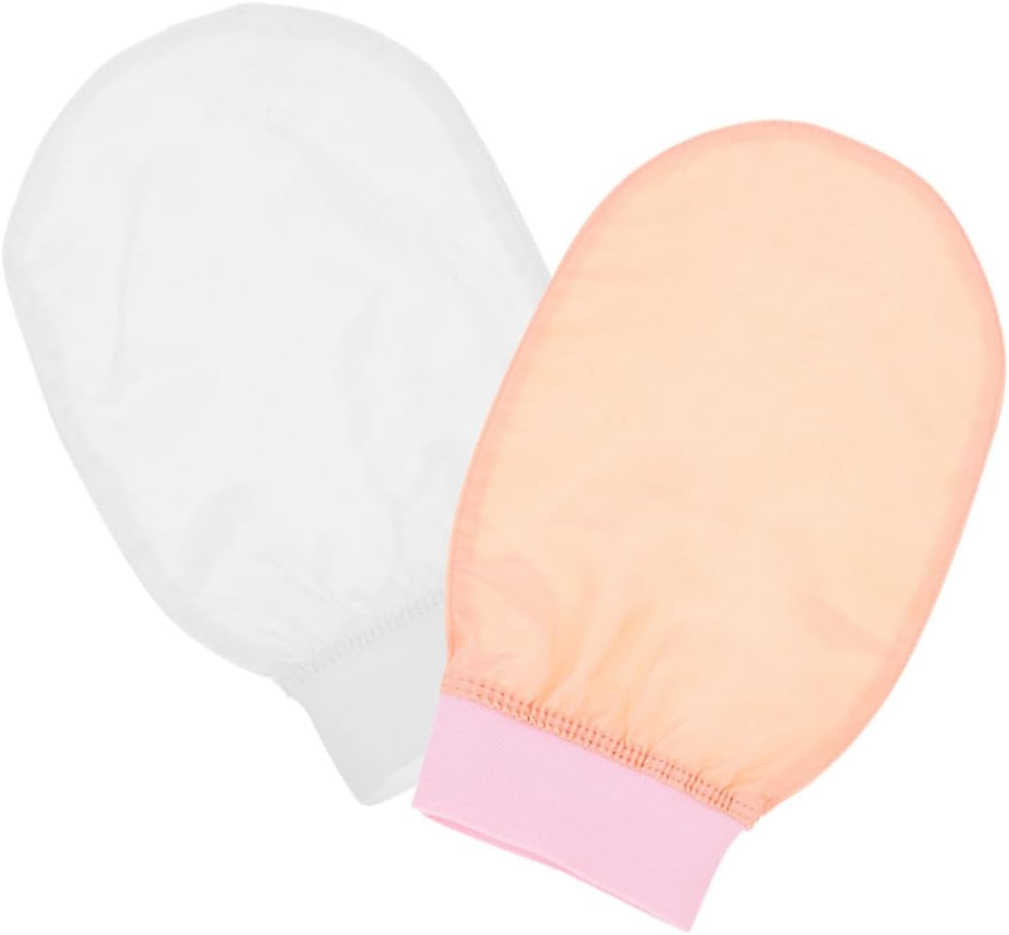 Korean Exfoliating Shower Gloves 2pcs Set Soft Silky Body Scrubber Bath Mitts for Dead Skin Removal and Facial Cleansing, Dual-Color Lotus Pink and White for Sensitive Skin Bathing