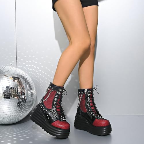 Women's Gothic Combat Ankle Boots Chain Buckle Lace Up Round Toe Platform Chunky Wedge Booties Punk Motorcycle Boots4