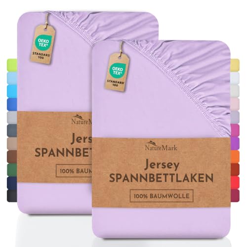 NatureMark Lot de 2 draps‑Housses Jersey 100 % Coton – élastiques, Respirants et Confortables – 90x200-100x200 cm, Lilas/Lavande