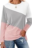 Cicy Bell Damen Colorblock Langarm Tops Rundhals Langarmshirt Casual Locker Oberteile T-Shirt Bluse Tunika,Weiß-Rosa,M