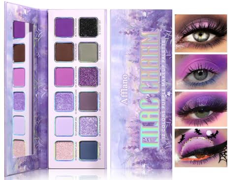 Purple Eyeshadow Palette, 12 Shades Lavender Purple Glitter EyeMakeup Pallet Smokey Neutral Silky Blendable Cream Eye Shadow for Older Women MatteMatellic Pink Compact for Cosplay Halloween Witch Look